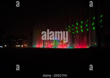 Water light games at the Magic Water Circuit (world's largest fountain complex), Park of the Reserve, Lima, Peru. Stock Photo