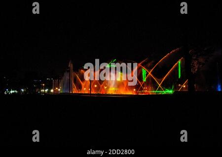 Water light games at the Magic Water Circuit (world's largest fountain complex), Park of the Reserve, Lima, Peru. Stock Photo