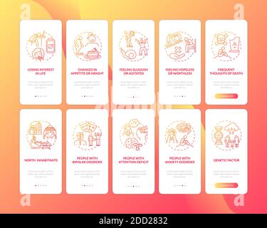 Seasonal affective disorder signs onboarding mobile app page screen with concepts set Stock Vector