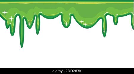 Flows of green fluid. Thick flowing paint. Slime. The drops are slipping. The isolated object on a white background. Flat cartoon style. Frame. Vector Stock Vector