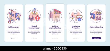 Top workplace safety violations onboarding mobile app page screen with concepts Stock Vector
