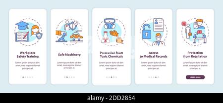 Workplace safety rights onboarding mobile app page screen with concepts Stock Vector