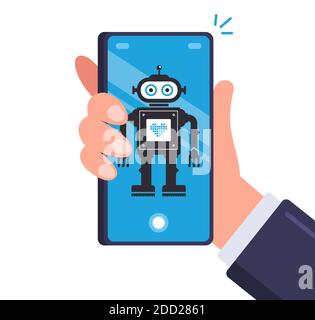 smart robot in men smartphone. android on a mobile device. flat vector illustration. Stock Vector