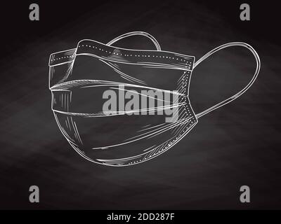 Surgical, Medical Face Mask that protects airborne diseases, viruses. Coronavirus. Defence from air pollution. Vector illustration in sketch style. Stock Vector