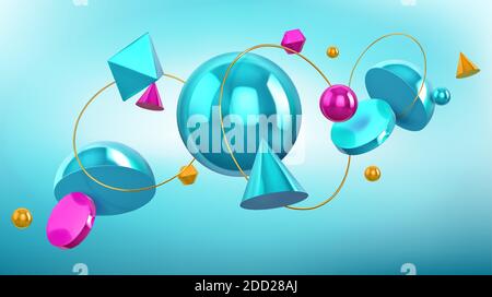 Holographic background with 3d geometric shapes, spheres and golden rings. Vector abstract design with turquoise and blue render figures, cone, ball, octahedron and hemisphere on blue background Stock Vector