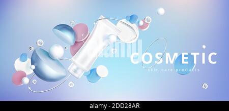 Skin care cosmetic product with holographic 3d geometric shapes, circles and silver rings. Vector brand poster with face cream or gel in blank white tube. Promo banner, advertising background Stock Vector
