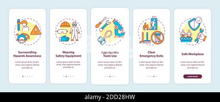 Workplace safety elements onboarding mobile app page screen with concepts Stock Vector