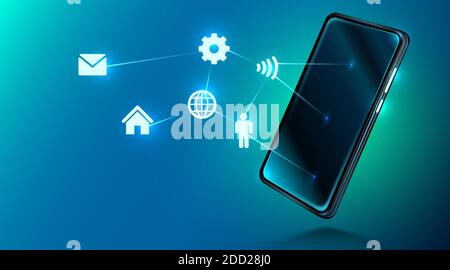 Digital mobile technology. Cosmos style in blue color. Device screen and internet icons. Digital concept of gadgets and devices. Vector illustration Stock Vector