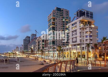 Night scene of Tel Aviv Promenade and the beachfront, Israel. Stock Photo