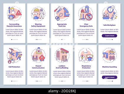 Workplace safety onboarding mobile app page screen with concepts set Stock Vector