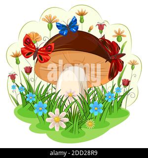 Brown mushroom on the background of a blooming meadow and butterflies. Cartoon flat style. Landscape. Wildflowers and grass. Isolated on white Stock Vector