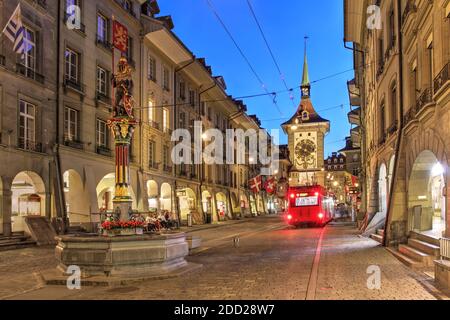 Night scene along Kramgasse in the old town of Bern (Berne, Berna), Switzerland featuring the Zytglogge Clock Tower. Stock Photo