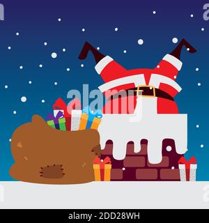merry christmas santa in chimney with many gifts decoration vector illustration Stock Vector