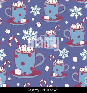 Vector seamless pattern hot drink with candies. Cocoa or coffee with marshmallow pattern. Design concept for coffee shop. Stock Vector