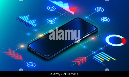 Digital mobile technology. Cosmos style in blue color. Devise with infographic elements. Concept of mobile information analitic. Stock Vector