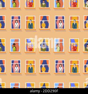 A lot of different people in windows staying home, bright flat seamless pattern Stock Vector