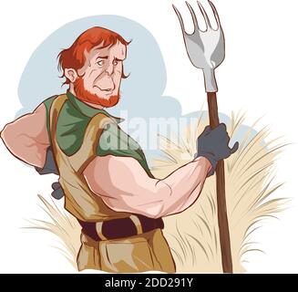 Farmer Working on Field, Hay Dried Grass Vector stock illustration Stock Vector