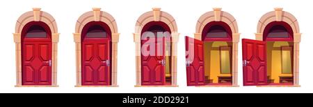 Opening red front door with stone arch isolated on white background. Vector cartoon set of house entrance, hall interior behind closed, ajar and open doors in building facade Stock Vector