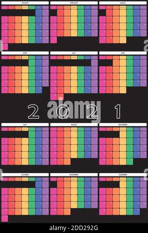 2021 Planner Calendar round corner space color for each weekday on big black background Stock Vector
