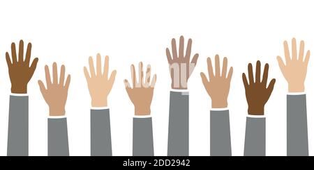 raised hands in different skin colors isolated on white vector illustration EPS10 Stock Vector