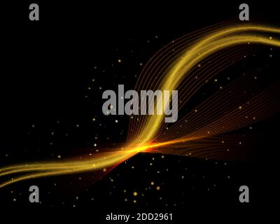 Abstract gold waves design. Shiny golden moving lines design element with glitter effect on dark background Stock Vector