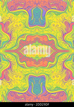 Psychedelic colorful waves kaleidoscope background, hippie style. Fantastic art with decorative texture. Surreal doodle pattern with abstract fractal. Stock Vector