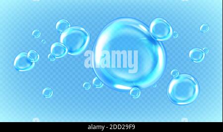 Liquid drops or air bubbles in water isolated on transparent background. Vector realistic set of clean rain droplets, blue pure balls of clear aqua, 3d shiny dew or tears Stock Vector
