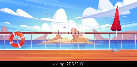 Seascape view from cruise ship deck. Ocean landscape with island, rocks in water and seagulls. Vector cartoon illustration of wooden boat deck or quay with railing, lifebuoy and umbrella Stock Vector