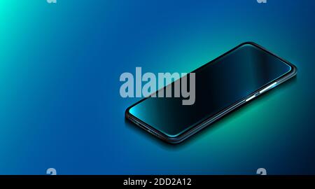Modern smartphone on dark blue background. Realistic isometric phone. Mock up or template shiny cellphone. Vector illustration Stock Vector
