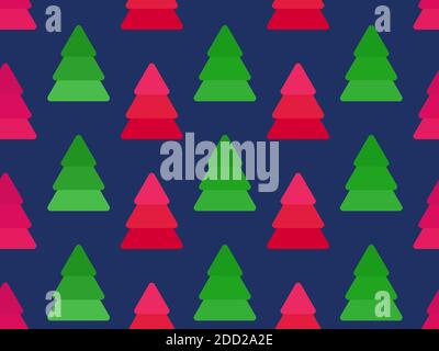 Christmas tree seamless pattern green and red color. Holiday time fir tree. Festive background for Christmas decorations, greeting cards and banners. Stock Vector
