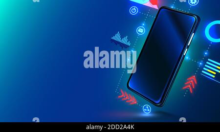 Digital mobile technology. Cosmos style in blue color. Devise with infographic elements. Concept of mobile information analitic. Stock Vector