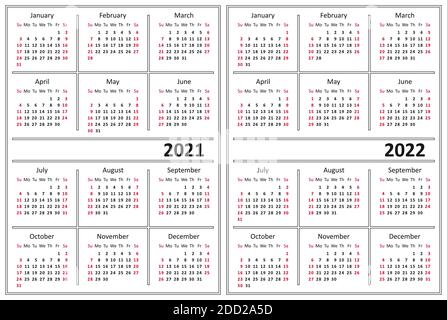 Template of a calendar of white color. A calendar for 2021 and 2022. Week starts on Sunday. Stock Vector