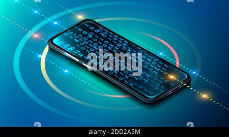 Digital mobile technology. Cosmos style in blue color. Devise with binary code. Concept of mobile programming. Vector illustration Stock Vector