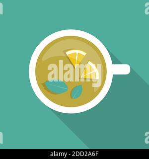 Tea Cup with Mint Leaf and Lemon Icon with Long Shadow. Vector Illustration EPS10 Stock Vector