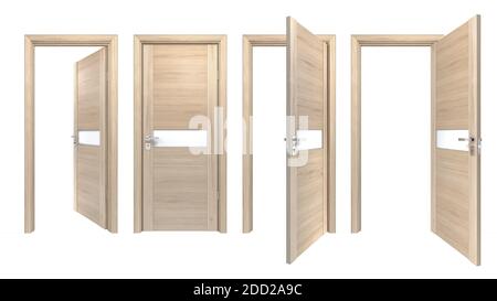 Modern set of light pine wooden doors with matt glass stripe, isolated on white. Simple modern style of indoor entrance for minimalistic style interio Stock Photo