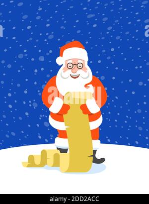 Santa Claus stands on snow and reads a long Naughty or Nice Kids List. Cartoon vector illustration. Snowy Christmas Eve night. Funny Christmas greetin Stock Vector