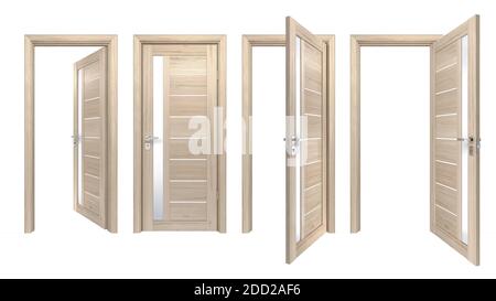 Set of 3D realistic doors with vertical glass stripe and horisontal wooden planks. High resolution texture of light pine wood entrances isolated on wh Stock Photo