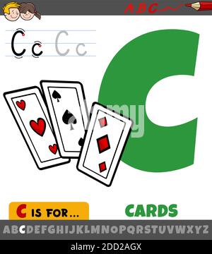 Educational cartoon illustration of letter C from alphabet with cards for children Stock Vector