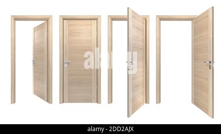 Set of classic style solid wood doors closed and open outside, inside of house room. Simple modern light pine wooden doorways for home interior design Stock Photo