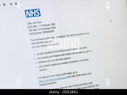 NHS Covid-19 negative test result; negative coronavirus test email. Stock Photo