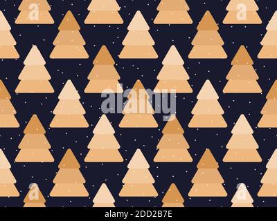 Christmas tree seamless pattern golden color. Holiday time fir tree and falling snow. Festive background for Christmas decorations, greeting cards and Stock Vector