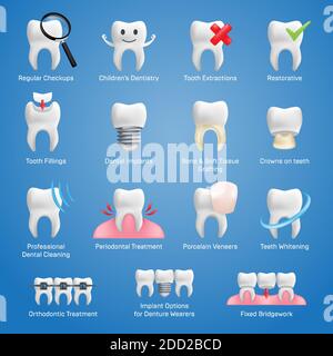 Dental icons vector set with different elements for various website services - dentistry, restorative, implants, porcelain veneers, orthodontic treatm Stock Vector