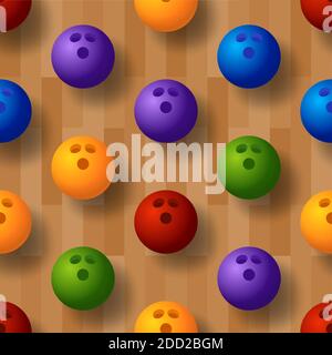 Seamless vector bowling pattern. Bowling track, ball, skittles on the floor. Vector illustration Stock Vector