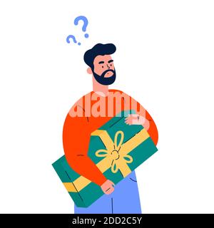 Young man in doubt thinks about present Stock Vector