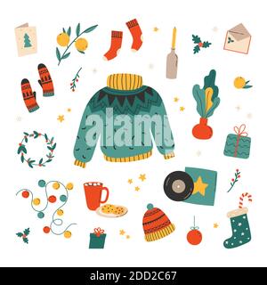 Hygge christmas.Winter holiday decor,gift,clothing Stock Vector