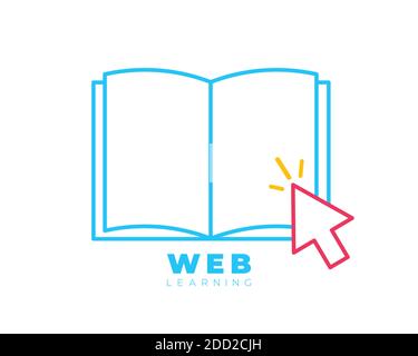 eBook with mouse cursor arrow and lines. open book vector icon isolated on white background. study and education, self education, reeding web icon for Stock Vector