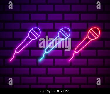 Karaoke colours glowing neon ui ux icons. Glowing sign logo vector . Microphone neon icon isolated on dark brick wall backround. Stock Vector