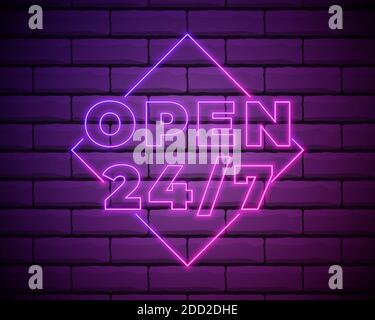 Open 24 7 Hours Neon Light on Brick Wall. 24 Hours Night Club , Bar Neon Sign. Vector Illustration Stock Vector