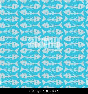 Vector blue neat rows of pen sketch fish bone seamless pattern. Perfect for fabric, scrapbooking and wallpaper projects. Stock Vector