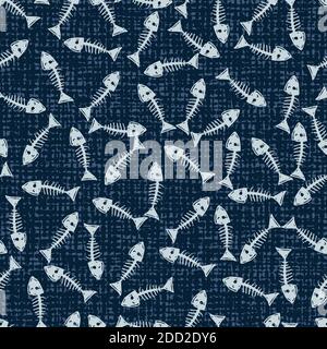 Vector blue pen sketch fish bone seamless pattern with canvas background. Perfect for fabric, scrapbooking and wallpaper projects. Stock Vector